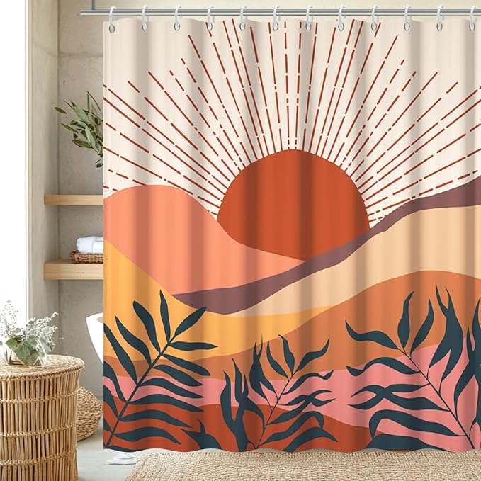 Boho Terracotta Shower Curtain for Bathroom 72x78 Inch | Waterproof Abstract Sunrise and Mountain Shower Curtain Set with Hooks, Mid Century Bathroom Decor