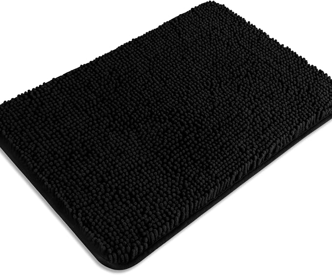 Black Bathroom Rug – Absorbent and Washable Bath Mat, Non-Slip, Thick Soft Chenille Bath Rugs for Bathroom, Kitchen, Shower, Sink - 17" x 24"