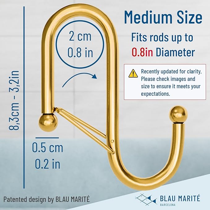 10-Pack Metal S Hooks for Hanging – Heavy-Duty S-Shaped Hooks with Safety Buckle – Fits Bars up to 0.8 in – Anti-Drop S-Hooks for Kitchen, Bathroom, Closet & Pot Racks – Gold (Medium)