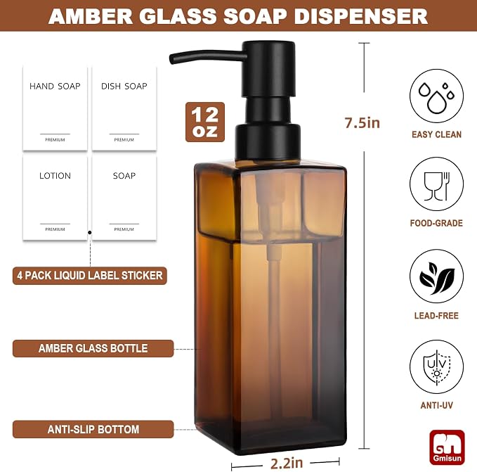 GMISUN Amber Glass Soap Dispenser, 2 Pack Hand Soap Dispenser Bathroom, 12 fl oz/350ml Dish Dispenser Set for Kitchen, Glass Liquid Dispenser with Stainless Steel Pump, Brown Soap Dispensers Bottle