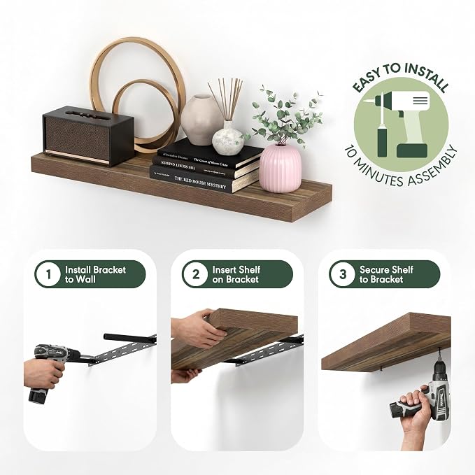 Furinno Tanna Floating Shelves for Wall Set of 2, 12 x 35 Wall Shelf, Wall Mounted Floating Shelf with Invisible Bracket, 2-Inch Thick, for Bathroom, Living Room, Bedroom, Home Office, Retro Brown
