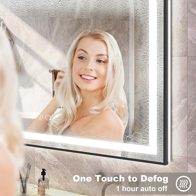 OKPAL Black LED Bathroom Mirror for Wall, 55x36 Frame Lighted Bathroom Mirror, Front and Backlit Lighted Vanity Mirror, Dimmable, Anti-Fog, Shatterproof, ETL Listed, Horizontal/Vertical