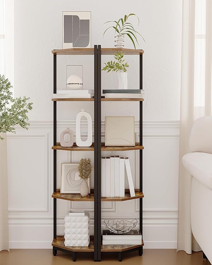 Hzuaneri Corner Shelf Stand 5-Tier Corner Bookshelf Storage Standing Shelf | Bookcase Plant Stand with Metal Frame for Living Room, Home Office, Bedroom, Black CS05901B