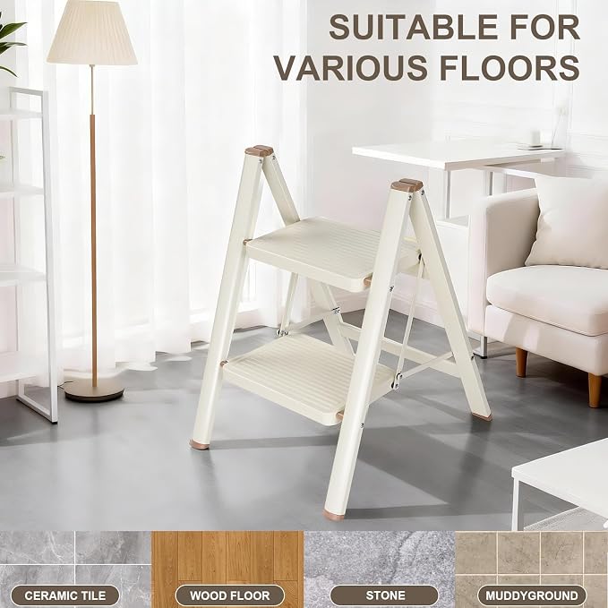 Valeo 2 Step Ladder,Lightweight Folding Step Stool with Wide Anti-Slip Pedal, 330LBS Capacity, Heavy Duty,Sturdy Iron Metal Step Stool for Home, Kitchen, Closet, Adults, Cream White