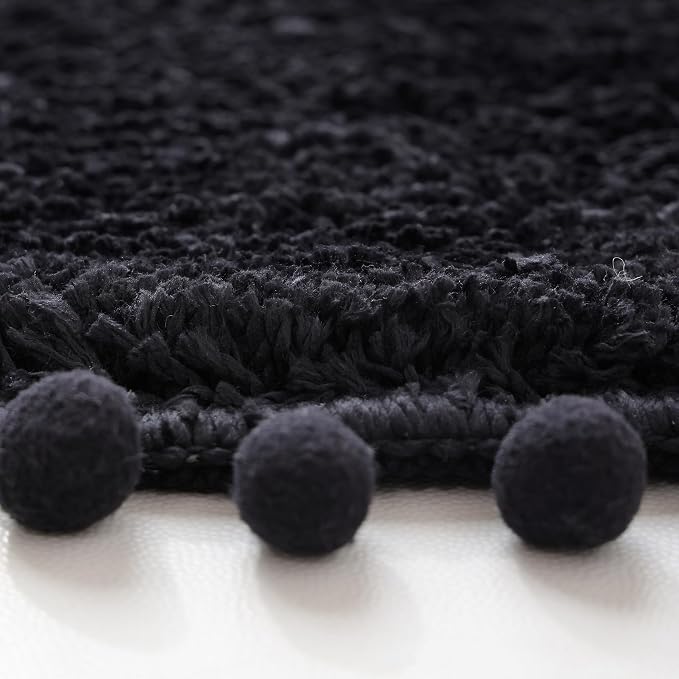 YIRDDEO Oval Rug for Bathroom, Cute Boho Bath Mat with Pom, Black | Soft Plush, Absorbent, Quick Dry, Machine Washable, Non Slip Bath Mat for Bathroom Shower Floor Home Decor