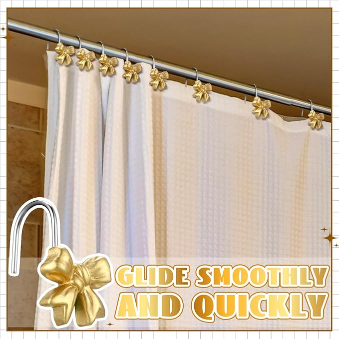 Yaocom 12 Pcs Gold Bow Shower Curtain Hooks Rustproof Metal Bathroom | Decorative Shower Hangers Bulk Glide Curtain Rings for Bathroom Bedroom Living Room Art Decoration