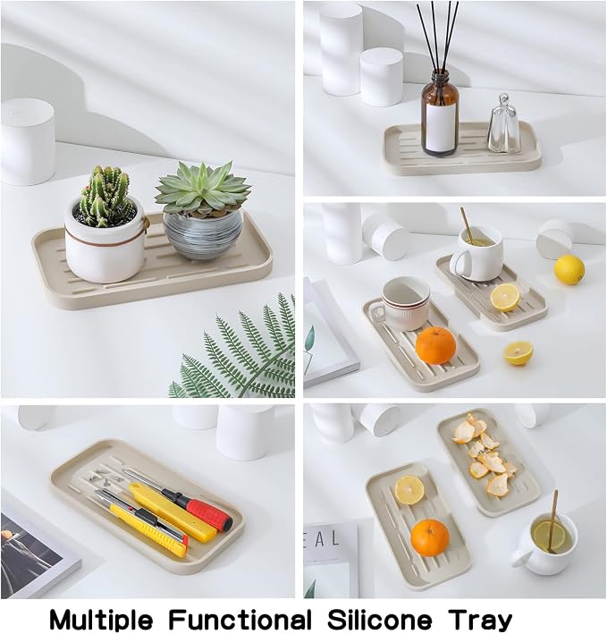 MicoYang Silicone Kitchen Sink Organizer Tray for Multiple Usage,Eco-Friendly Sponges Holder for Kitchen Bathroom Counter or Sink,Dish Soap Dispenser,Scrubber,Bottle,Cup (Tapioca, 10"×5.3")