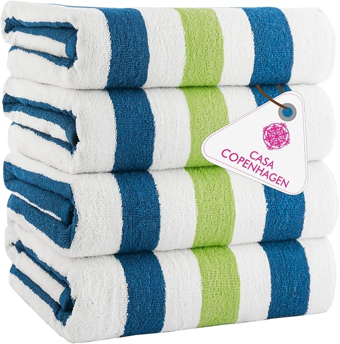 CASA COPENHAGEN Monaco Beach Towels Designed in Denmark Rough and Tough, Quick Dry, for Pool, Bath & Shower 30x60 inches 4 Pieces Cotton Beach Bath Towels Set - Grass Green