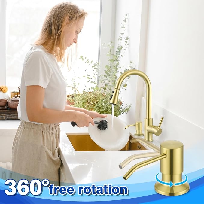 Gold Soap Dispenser for Kitchen Sink WEWE, Stainless Steel | Brushed Gold Soap Dispenser with Long Spout, Gold Soap Pump Built in Countertop Under Sink, Refill from The Top