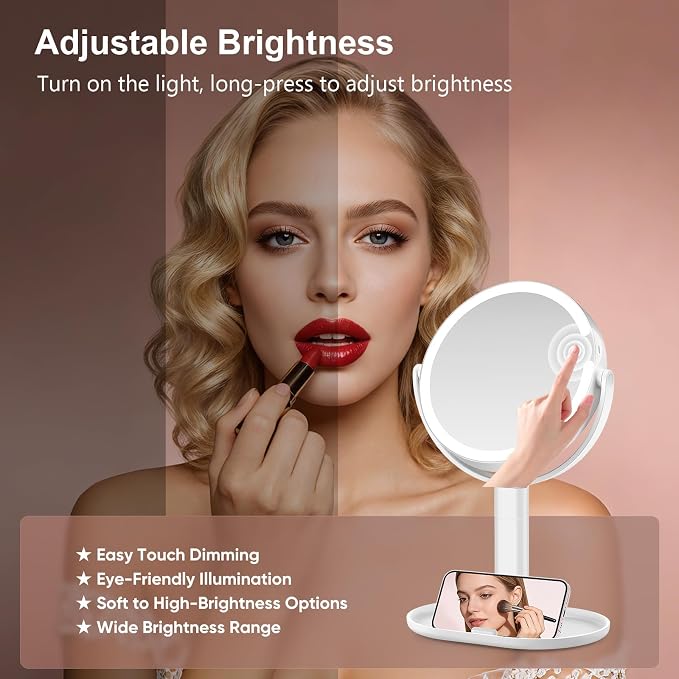 Rechargeable Lighted Makeup Mirror, 10X Magnification, 7 Inch | 3 Adjustable Light Colors, Rechargeable Cordless Design, Adjustable Height, Storage Base with Phone Holder,Touch Control