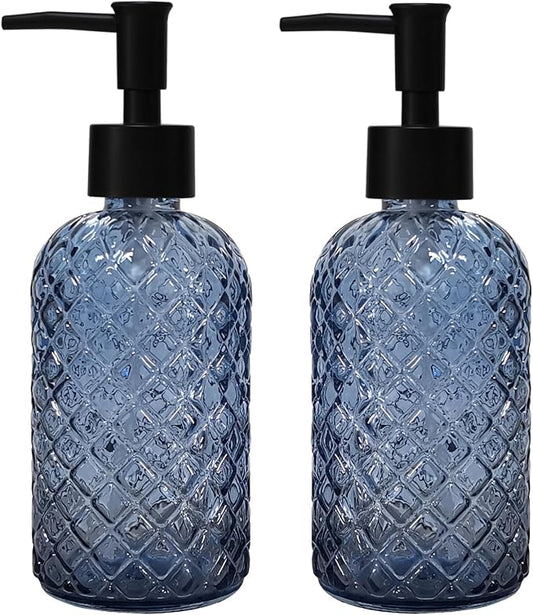 YYTSGG Blue Glass Dish Soap Dispenser for Kitchen, 12oz, 2 Pack | Refillable Liquid Hand Soap Dispenser Set, Crystal Lotion Bottle for Modern Home Decor, Bathroom Countertop, Hotel