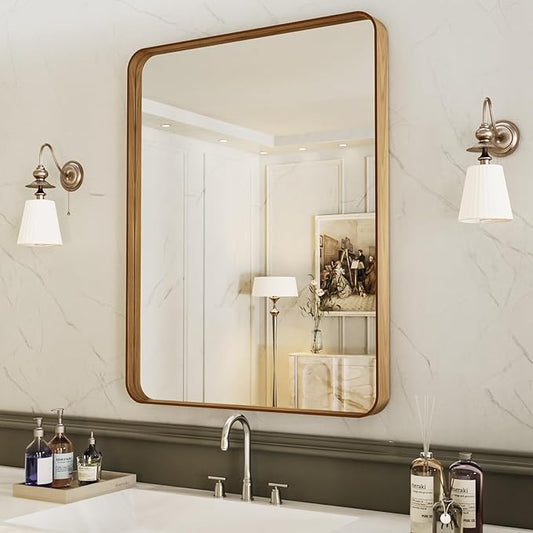 LOAAO 22X30 Inch Bathroom Mirror with Wood Grain Colored Metal Frame | Rounded Rectangle, Anti-Rust, Hangs Horizontally or Vertically