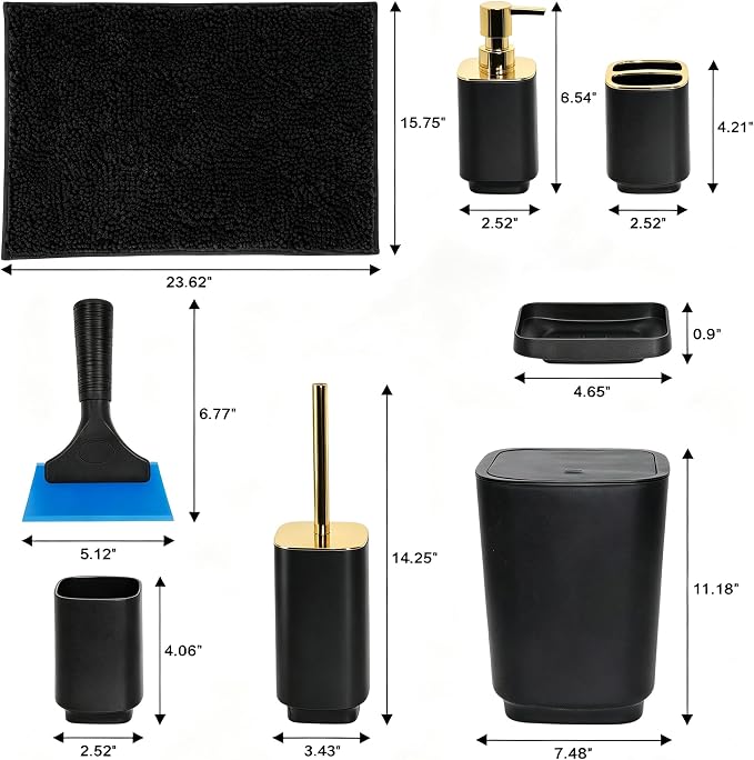 Bathroom Accessories Set with Shower Curtain, Black & Gold | 10Pcs Bathroom Sets Complete with No Slip Rug, Trash Can, Toilet Brush Set, Soap Toothbrush Holder Set, Squeegee