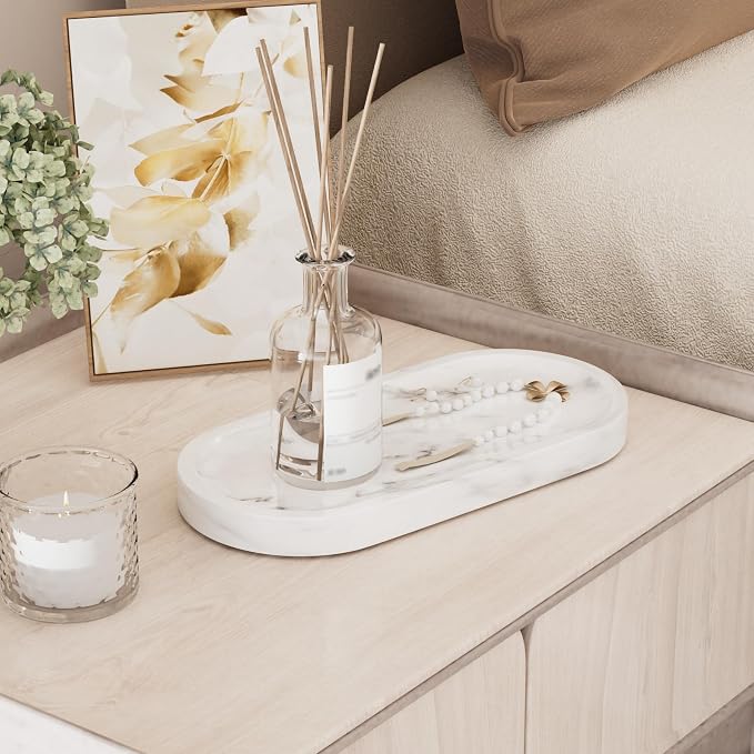 Decorative Trays with Natural Patterns,9.8x4.7x0.7in,Carrara White | Pure Marble Vanity Tray with Anti Slip Foot Pads, Polishing Pallet,Elliptical Stone Bathroom Organizer,Platter for jewelry
