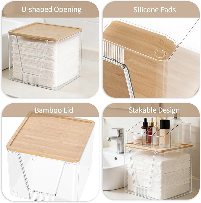 SPOSPO 2 in 1 Disposable Facial Towel Holder and Cosmetic Organizer | Clear Storage with Bamboo Lid Compatible with Clean Skin Club Towel XL, Vanity Organizer for Bathroom Vanity Counter (1 Pack)