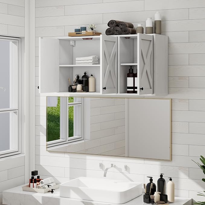 YOURLITE Laundry Cabinet, Medicine Cabinet, Bathroom Kitchen Storage Wall Mounted Farmhouse Organizer with Shelves Over Toilet, 36" Wide, White