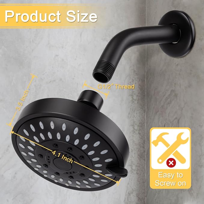 AISOSO High Pressure Rain Shower Head 5 Modes Showerhead 4.1" Matte Black | Low Water Pressure Compatible, Powerful Spray Fixed Showerhead for a Relaxing Indoor & Outdoor Shower