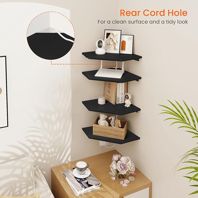 Corner Floating Shelves, Corner Shelves Wall Mounted with Cord Hole, 4 Tier Diamond Shape Corner Hanging Shelving for Wall Storage, for Cable Box, TV Cords, Books, Plants, Black