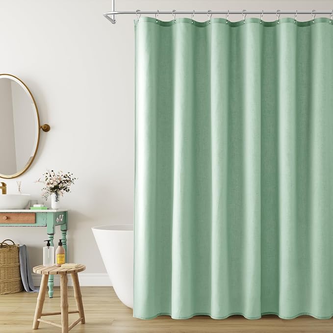 Aqua Green Linen Shower Curtain, Country Boho Farmhouse Bath Decor Shower Curtains Neutral Cloth Weighted Textured Fabric Bath Curtain Liner with Hooks, 72x72