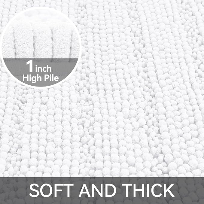Bcoimo Bath Rug Mat,36x24 Chenille Non Slip White Bathroom Floor Shower Mat | Extra Soft Bathroom Rugs;Non Slip with Rubber Backing Bath Mats;High Absorbent And Quick Dry Microfiber mat; Machine Washable