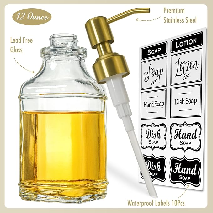 JASAI Antique Square Glass Soap Dispenser with Golden Rust Proof Pump, Refillable soap Dispenser with 10Pcs Stickers for Kitchen, Dish Soap Dispenser for Kitchen Bathroom Soap, Hand soap, Lotion. | Refillable Kitchen Soap Dispenser with Stainless Steel...