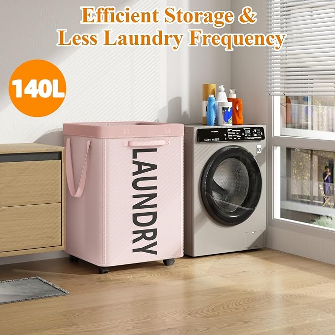 Optish 140L Laundry Hamper with Wheels, Rolling Laundry Basket with Removable Mesh Bag, Extra Large Clothes Hamper on Wheel for Bedroom, Bathroom, Dorm Room Essentials, Pink