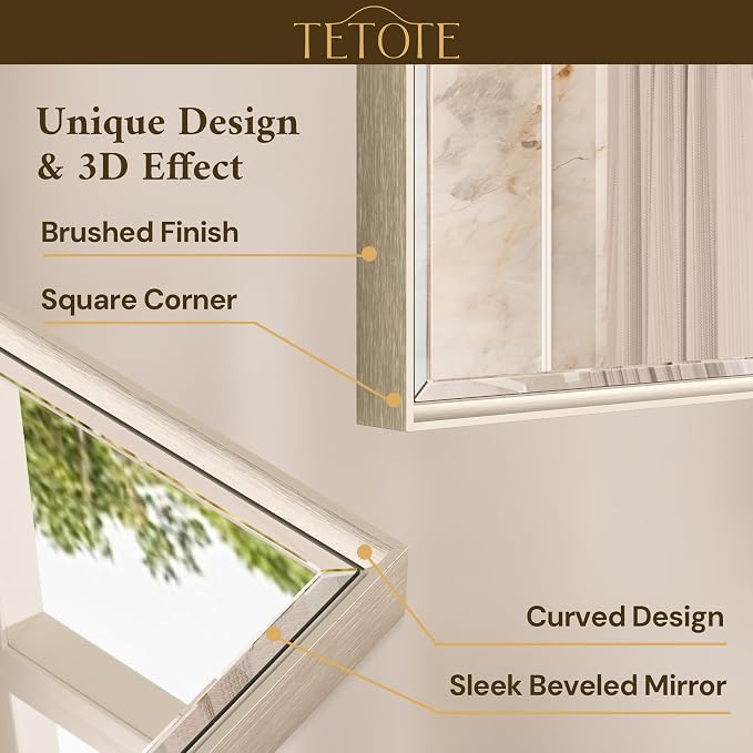 Brushed Nickel Bathroom Mirror 40 x 30 Inch Beveled Frame Vanity Mirror, Tempered Glass, Shatterproof, for Modern Bedroom, Entryway, Living Room