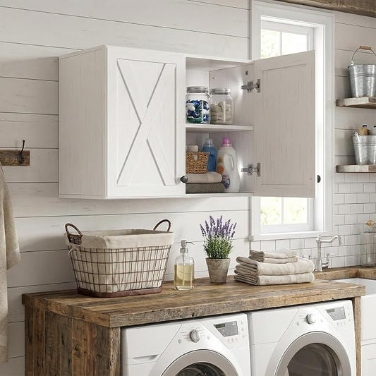 24" W Laundry Room Wall Cabinets, Farmhouse Wall Cabinet with Adjustable Shelf, Wood Kitchen Wall Cabinet, Floating Cabinet for Bathroom, Kitchen, Off White