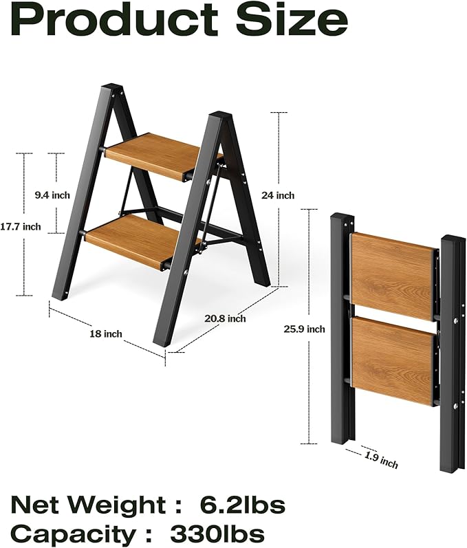 Taranta 2 Step Stool Foldable,Aluminum Step Ladder-BlackWoodgrain | Lightweight,Wide Anti-Slip Pedals,Folding Step Stool,330lbs Capacity for Household,Kitchen,Office