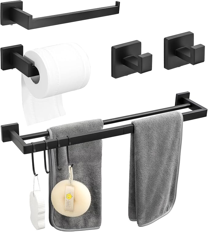 9 Piece Matte Black Bathroom Hardware Set, 24 Inch Double Towel Bar with Removable Hooks, SUS304 Stainless Steel Wall Mounted Heavy Duty Rustproof Accessories for Bathroom Kitchen