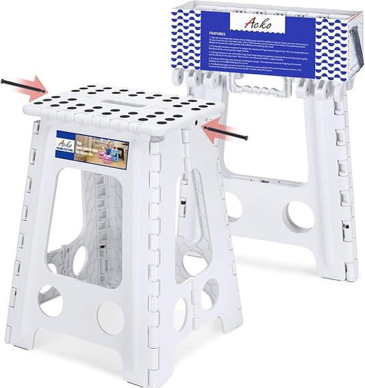 ACKO 17.5 Inch Folding Step Stool with Safety Lock, Holds 400 lbs, White | Portable Foldable Stools with Handle, Heavy Duty Collapsible Non-Slip Foot Stool for Adults & Kids, Kitchen Bathroom Outdoor