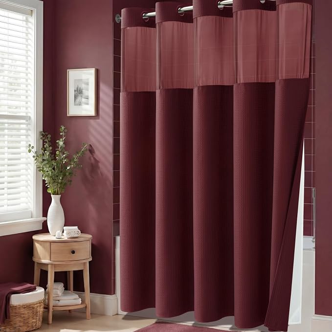 Burgundy Hook Free Waffle Shower Curtain & Snap Fabric Liner,72x87 | Less Time to install, 3 in 1 Fabric Shower Curtain and Liner Set with Magnets, Extra Long, Shower Curtains for Bathroom