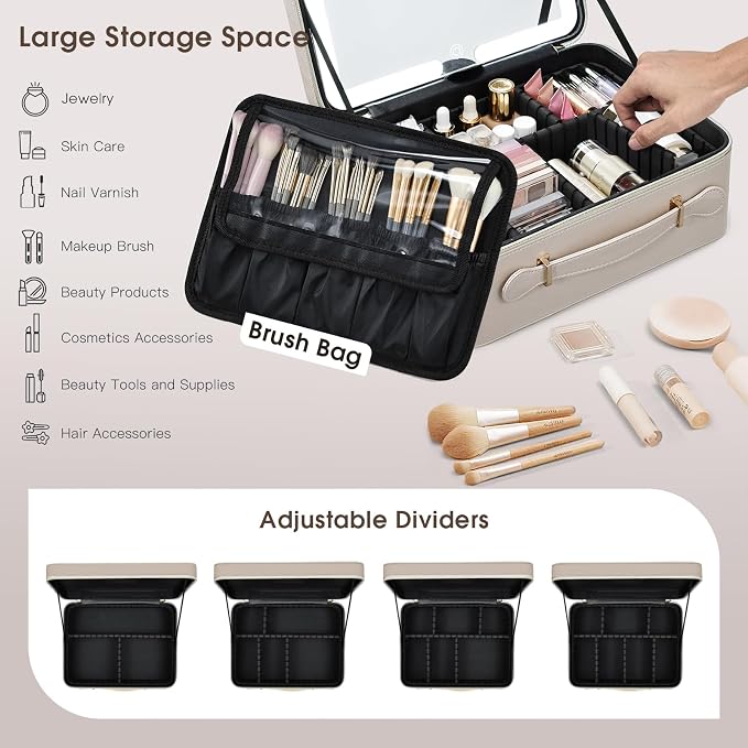 Faquenc Leather Makeup Case with LED Lighted Mirror 11.4 Inch Travel Makeup Bag Adjustable Brightness in 3 Colors Cosmetic Organizer Artist Storage Bag with Dividers Brush Holder Bag Vanity Pale Gold