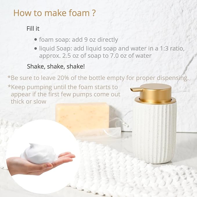 Speckled White Ceramic Foam Dispenser 2 Pack, Rippled Gold Top | Modern Minimal Design, Subtle Bathroom Upgrade, Elegant Gold Accent, Marble Decor Match, Soft Foam Pump, 12 oz Capacity