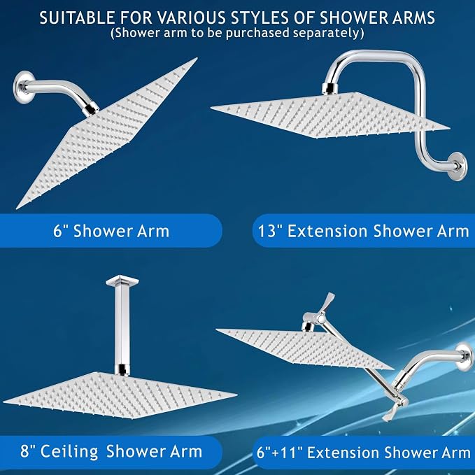 Voolan Rain Shower Head - High Flow Large Rainfall Shower Heads Made of Stainless Steel - Waterfall Bathroom Square Showerhead - Ceiling or Wall Mount (12 * 8 Inch Rectangle, Chrome)