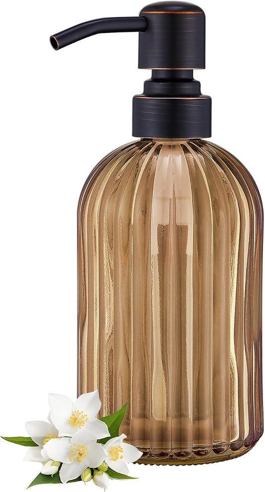 16 OZ Amber Glass Soap Dispenser, Amber Stripe Bathroom Hand Soap Dispensers with Stainless Steel Bronze Pump,Brown Glass Kitchen Hand Soap Dispenser with Oil Rubbed Bronze Pump
