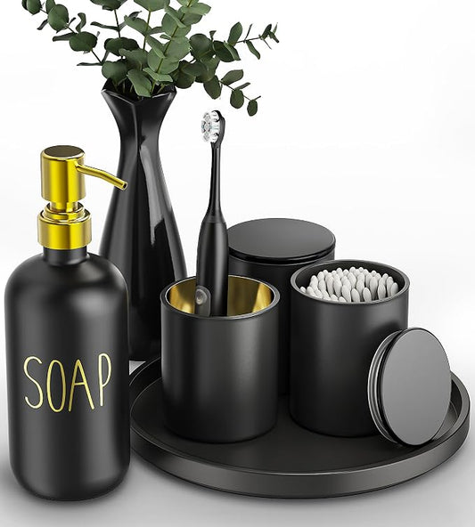 Black Bathroom Accessories Set with Tray, 6pcs Matte Black Bathroom Accessory Sets, Glass Soap Dispenser and Toothbrush Holder Set, Qtip Holder, Ceramic Flower Vase, Bathroom Set Decor