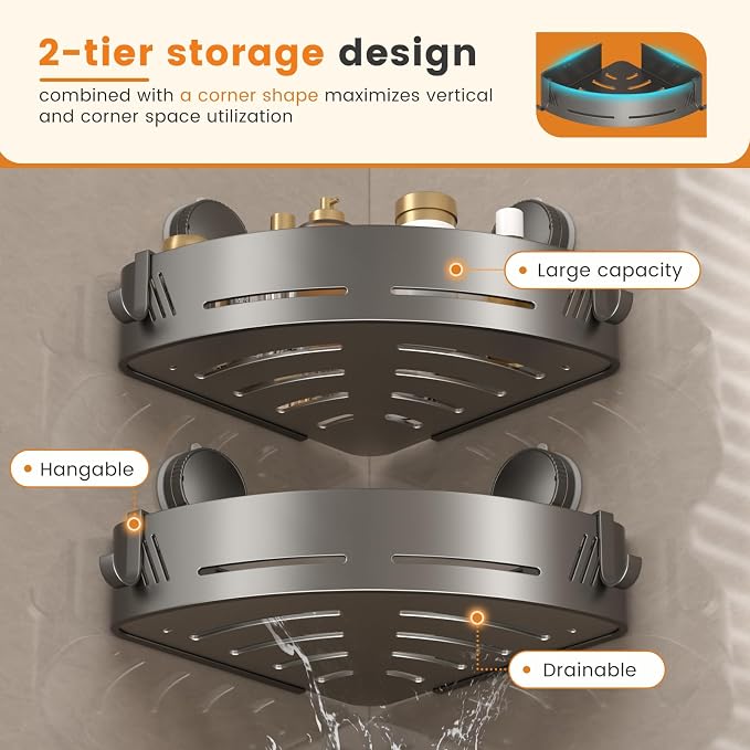 Triangular Corner Shower Caddy 2-Pack with Suction Cups and Hooks | Gun grey aluminum shower shelves for smooth corner walls; no drilling, suction cup mounting and built-in hooks