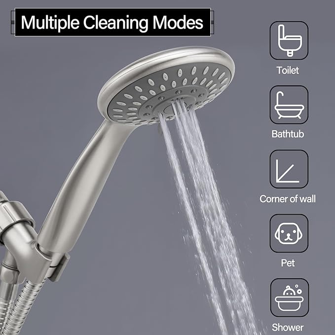 Handheld Shower Head High Pressure 5-Settings with Hose, Matte Black | Powerful Water Spray, Against Low Pressure Water Flow, 59 Inch Stainless Hose, Adjustable Mount