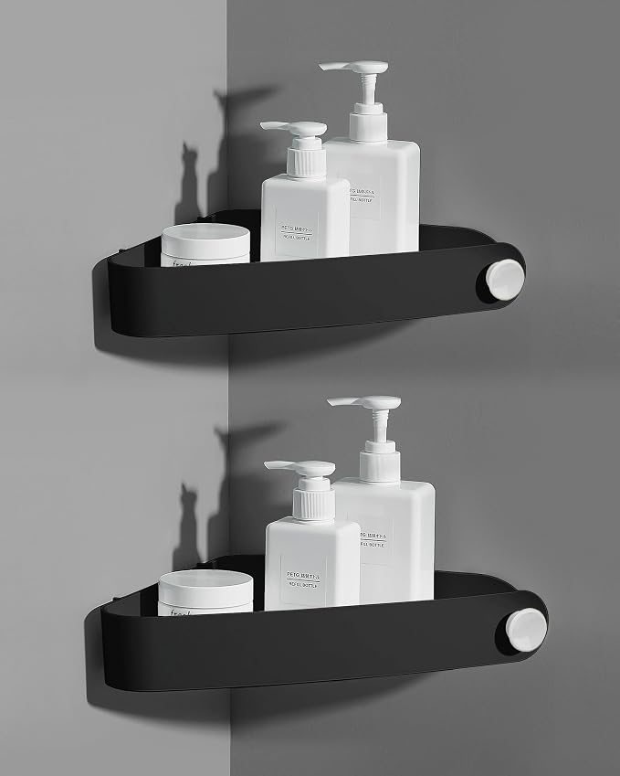 Plastic Shower Caddy Corner (for 90° Only), 2 Pack | Adhesive Corner Shower Shelves for Bathroom Organizers and Storage, Black