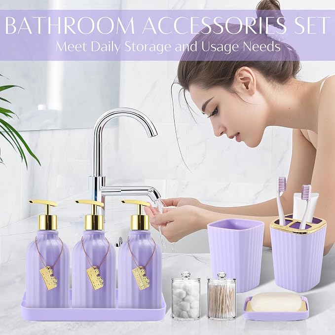 17PCS Bathroom Accessories Set, Purple Bathroom Set Bathroom Accessories Set with Trash Can, Toilet Brush, Toothbrush Holder, Qtip Holder & 3PCS Soap Dispenser
