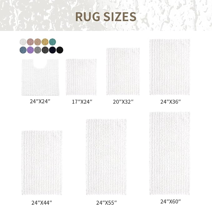 Bathroom Rugs Non Slip Washable 60x24, Extra Thick Soft Chenille Absorbent Bath Mat, High Density Barrier Non Slip Backing, Quick Dry Plush Shaggy Floor Carpet for Tub&Shower, White