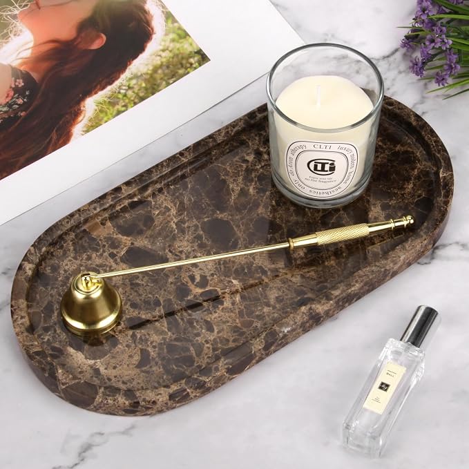 Oval Marble Bathroom Vanity Tray, Dark Brown, 12" x 6" x 0.8" | Natural Luxury Marble, Home Kitchen Bathroom Table Tray, Stone Decorative Countertop Tray, For Coffee Perfume Jewelry