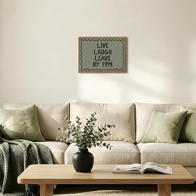 Live Laugh Leave By 9PM Wall Art Funny Quote Sign Wall Decor Picture Trendy Minimalist Dorm Poster Canvas Painting Prints for Bedroom Living Room 12x16 inch Wood Framed