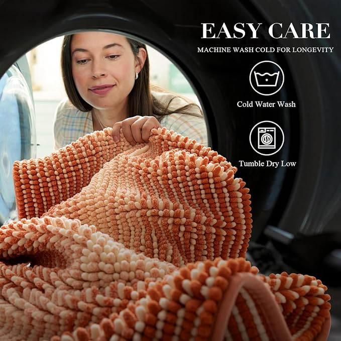 Large Bath Rugs, Non Slip 20 x 47 Inches Water Absorbent Chenille Floor Mats Machine Washable (Pumpkin Orange)