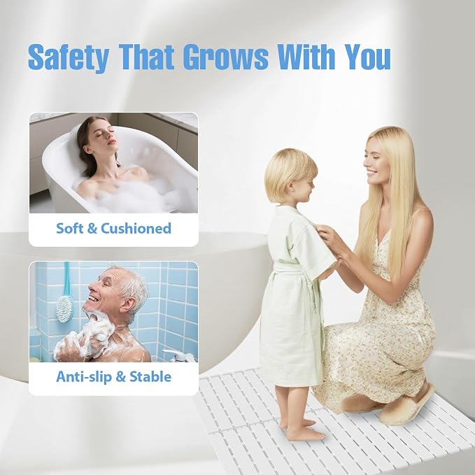 Shower Mat Non-Slip Bath Mat for Tub and Shower Stall,200+ Suction Cups with Drain Holes, Quick Dry Machine Washable, Extra Grip for Stand Up Showers, Bathroom Essentials 24x24 Inch (White)