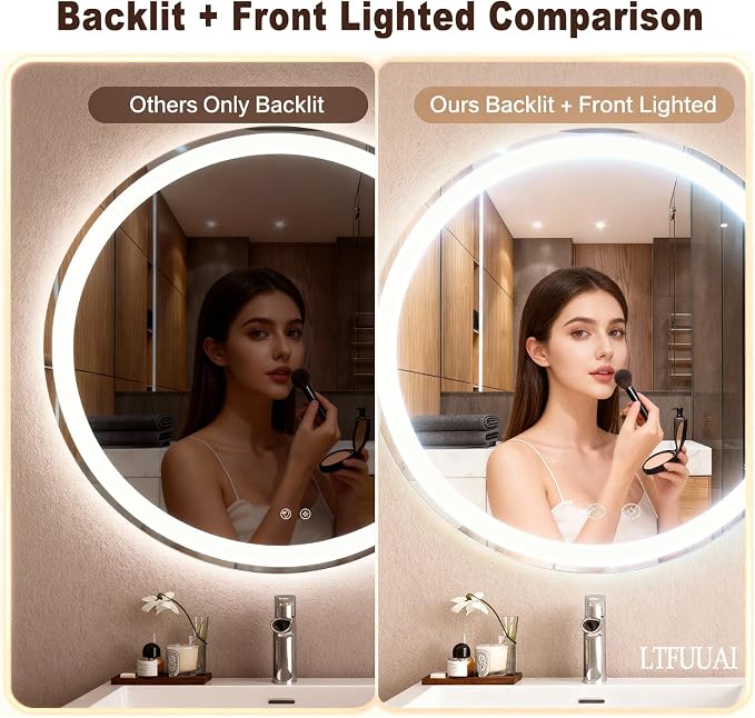LTFUUAI 24" Round LED Bathroom Mirror with Lights, Front & Back Light | Lighted Bathroom Mirror, Touch 3-Color Stepless Dimming, Wall Mounted, Anti-Fog Shatterproof, UL Listed