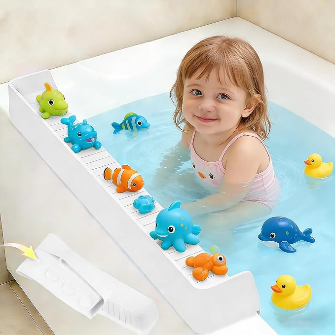 Kids Bathtub Splash Guard, Shelf & Toddler Bath Toy Tray - White | Bathtub Splash Guard PlayPad Shelf Area with Strong Suction Cups, Bathtub Ledge Guard, Fun Bath Time for Toddlers Baby