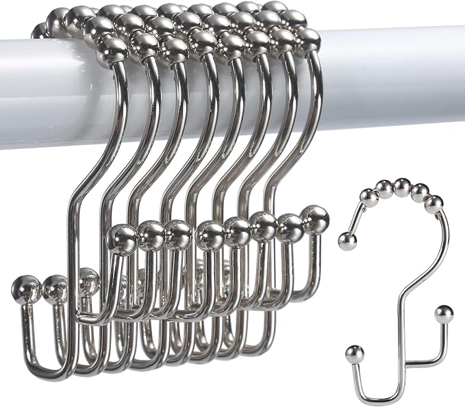 SUTINE Shower Curtain Hooks, 12 Pcs Double Shower Curtain Hooks Rings, Black Shower Curtain Hooks Rust Proof, Stainless Steel Bathroom Shower Hooks for Shower Curtain, Towels, Clothing, Nickel