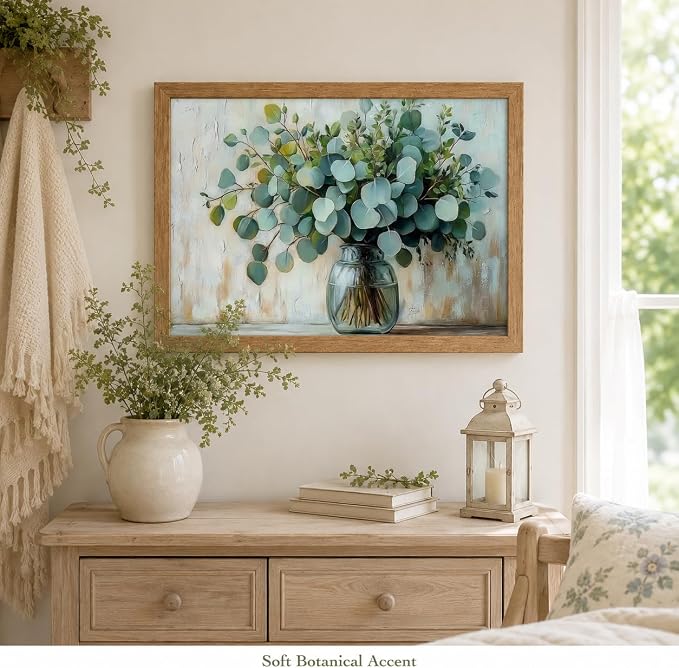 Wood Framed Rustic Eucalyptus Wall Art Sage Green in Glass Plants Vase Canvas Painting Picture Wall Decor Farmhouse Neutral Poster Print Artwork for Living Room, Bedroom, Bathroom Home Decoration